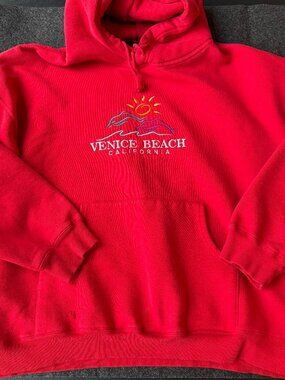 Vintage 90s Venice Beach Dolphin Hoodie Red XL Embroidered Graphic
